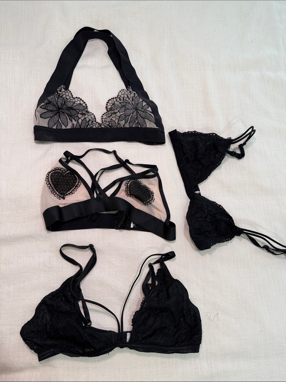 Black Lace Bralette Bra Bundle 4 Piece Strappy Sheer Lingerie